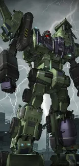 Epic robot stands tall in stormy background.