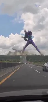 Giant robot on highway under cloudy sky.