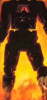 Silhouette of a robot against a fiery orange background.