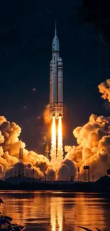 Rocket launching into a night sky with glowing clouds.