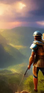 Epic Roman warrior overlooking a vast green valley with a dramatic sky.