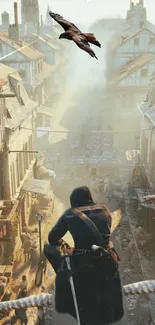 Epic rooftop adventure with hooded hero and cityscape.