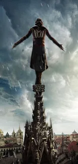 Epic wallpaper of a figure on a spire with a dramatic sky, perfect for adventure theme.