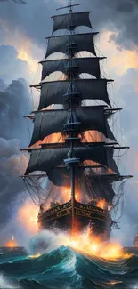 A majestic sailing ship braving a stormy ocean with fiery skies.