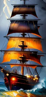 Epic sailing ship navigating stormy seas with striking lightning and colorful sails.