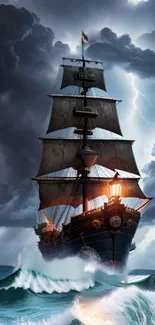 Majestic sailing ship with storm clouds and ocean waves.