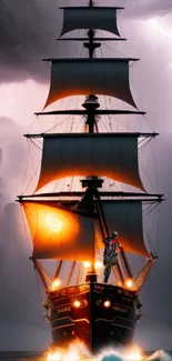 Majestic sailing ship amid lightning and stormy skies.