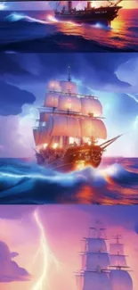 Majestic sailing ship amidst vibrant sunset and ocean storm.