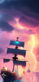 Majestic ship sails through stormy, lightning-filled skies.