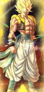 Saiyan character in powerful energy aura with vibrant golden hues.