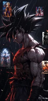 Epic Saiyan warrior in the rain with intense anime style.