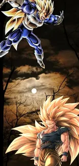 Epic Saiyan warriors clash in a night scene under a full moon.