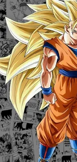 Anime Saiyan character in orange outfit with golden hair, standing heroically.