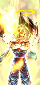 Epic Saiyan transformation with radiant aura in mobile wallpaper.