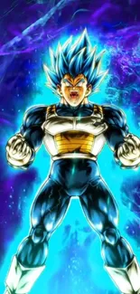 Saiyan warrior with blue energy aura on a cosmic background.