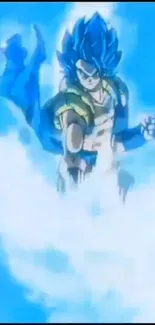 Powerful Saiyan warrior surrounded by blue energy.