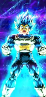 Energetic Saiyan warrior with electric blue aura.