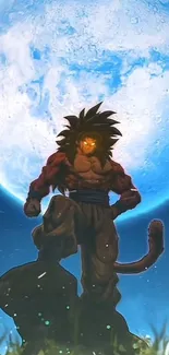 Epic Saiyan character under a full moon in vibrant anime art style.