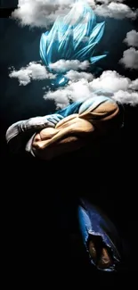 Saiyan warrior with blue hair amidst clouds mobile wallpaper.