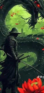 Epic samurai with dragon background art.