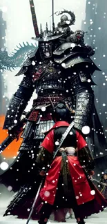 Samurai in detailed armor facing a giant warrior.