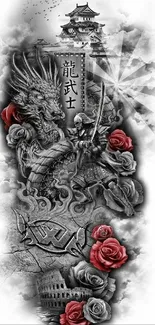 Samurai and dragon with roses and castle in grayscale.