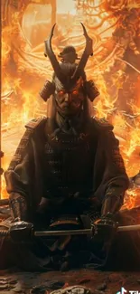 Samurai in armor sits surrounded by fiery flames.