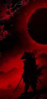 Samurai stands under a red moon, silhouetted boldly in an epic scene.