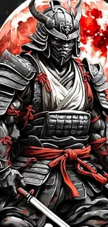 Samurai warrior with armor under a crimson moon.