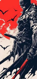 Epic samurai warrior with red sun and bats.