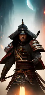 Epic samurai warrior in dark armor with a fiery urban background.