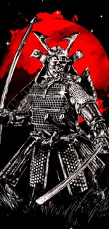 Epic samurai warrior art with red sun backdrop.