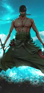 Samurai warrior with swords in turquoise ocean scene.