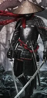 Samurai warrior in black armor with swords, standing in mystic woods.