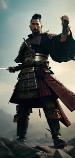 Samurai warrior in armor with a mountain backdrop.