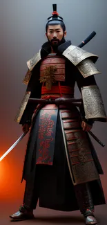 Samurai warrior in intricate armor with a burnt orange backdrop.