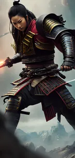 Samurai warrior in armor with glowing sword against dramatic landscape.