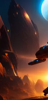 Epic sci-fi wallpaper with a futuristic spaceship and glowing planet.