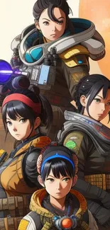 Anime squad in sci-fi attire with an orange planetary backdrop.