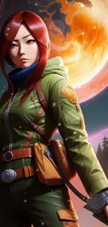 Anime heroine in green attire against a sci-fi cosmic background with glowing orange planet.