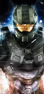 Sci-fi soldier in futuristic armor with glowing effects mobile wallpaper.