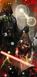 Epic sci-fi wallpaper with a dark figure and glowing red lightsaber.