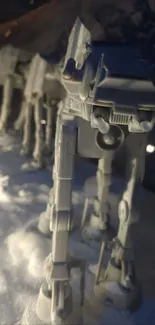 Sci-fi robotic walkers in snowy landscape.