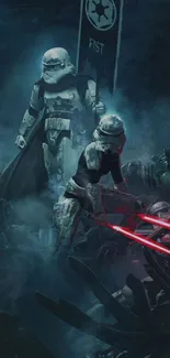 Epic stormtrooper battle in dark, moody setting.