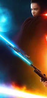 Epic sci-fi battle wallpaper with lightsaber duel and cosmic backdrop.