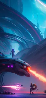 Futuristic sci-fi battle scene with neon lights.