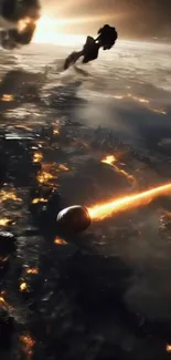 Epic sci-fi battle scene with fiery elements and dramatic lighting.
