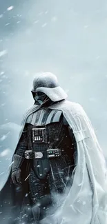 Legendary sci-fi character in dramatic snowy setting.