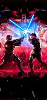 Epic sci-fi lightsaber duel with vibrant colors.