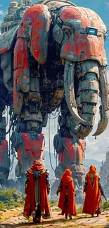 Robotic elephant with cloaked figures in a futuristic cityscape.